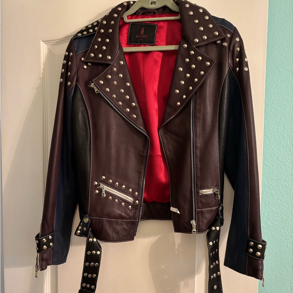 Brown Silver Leather Jacket with Studded Details